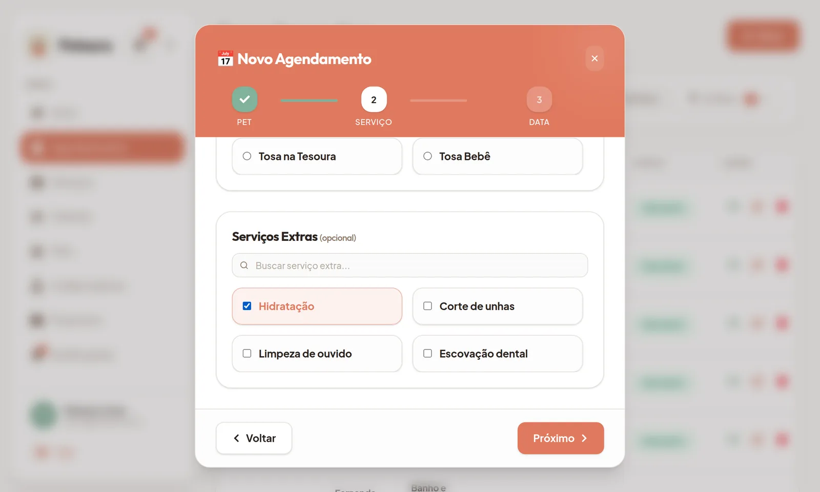 Escolha de serviço base e extras no agendamento