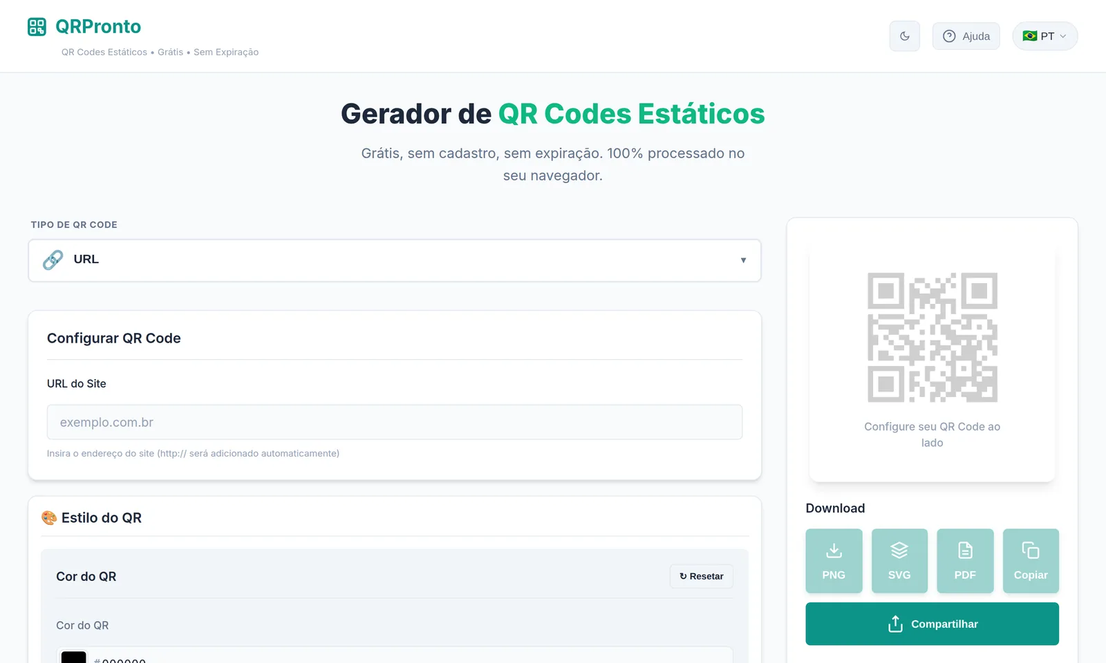 Gerador do QRPronto com formulário e prévia do QR Code
