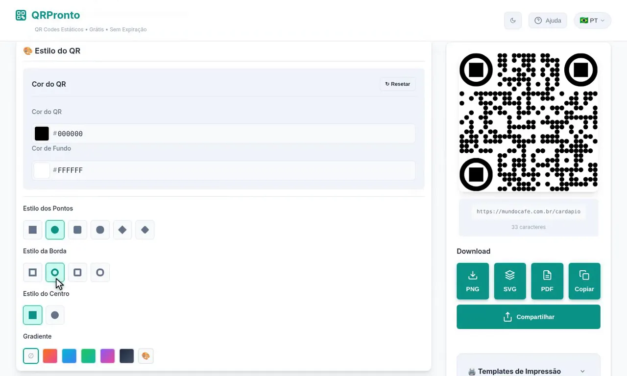 Gerador do QRPronto com formulário à esquerda e QR Code à direita