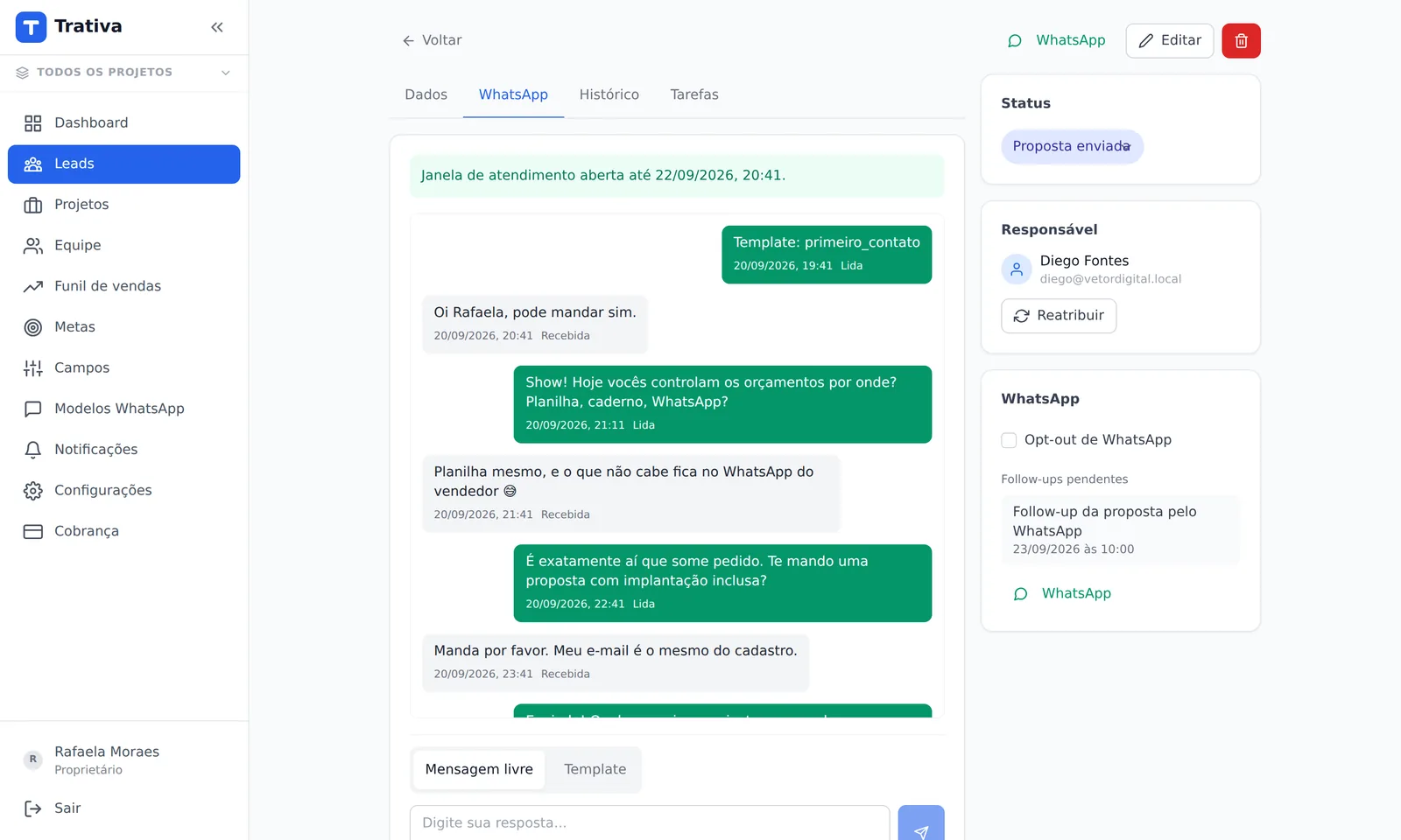 Conversa do WhatsApp oficial dentro da ficha do lead