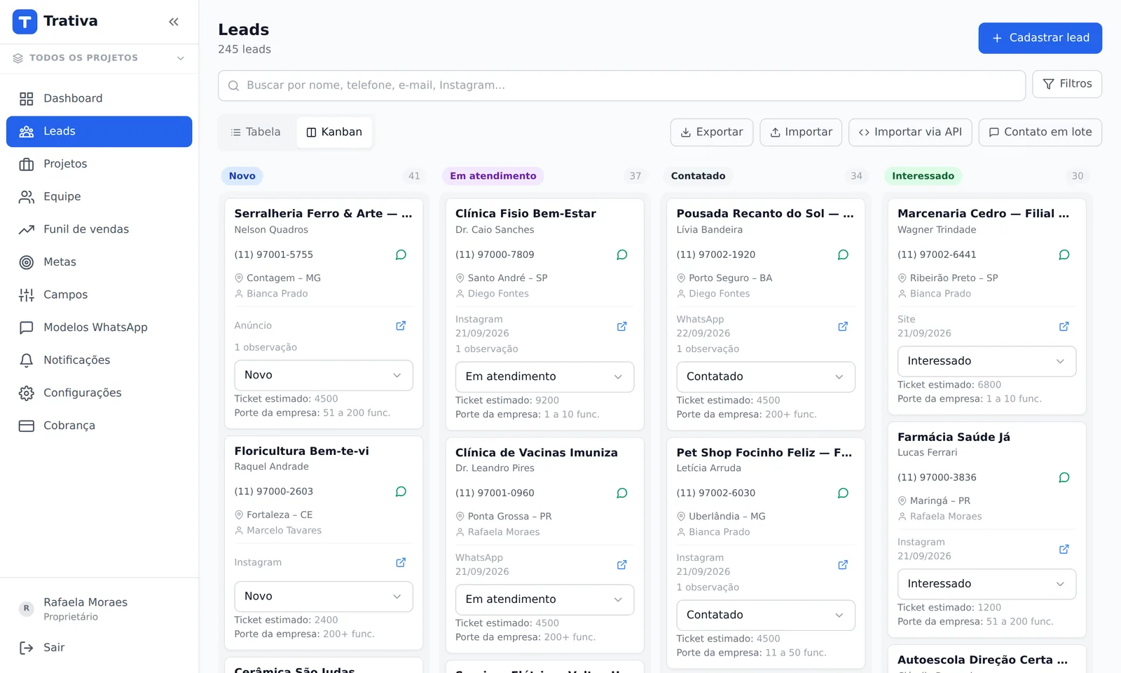 Kanban de leads do Trativa com nove etapas