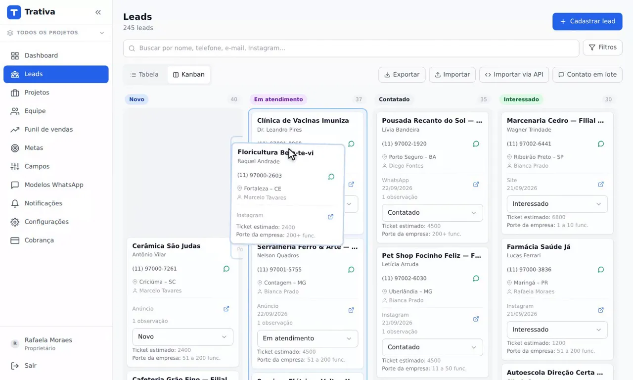 Pipeline kanban do Trativa com leads distribuídos em etapas