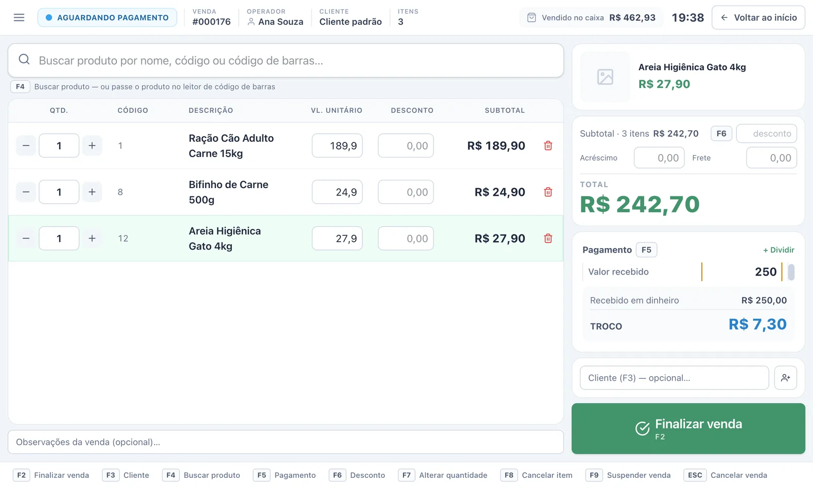 PDV do Vendaí no pagamento em dinheiro, com total e troco calculado